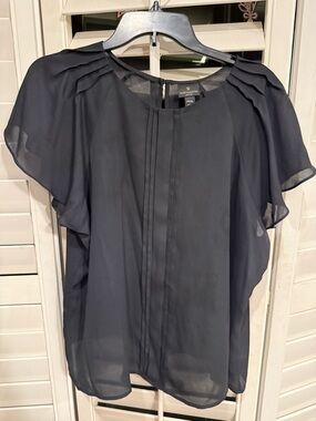 Worthington Black Sheer Pleated Flutter Sleeve Blouse